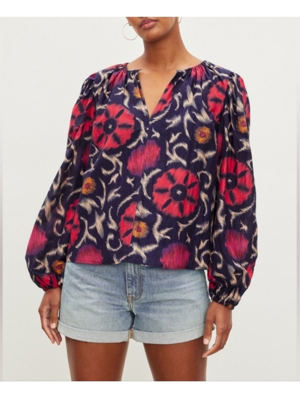 NWT Velvet by Graham & Spencer Fraser Printed Silk Cotton Voile Top In Twilight